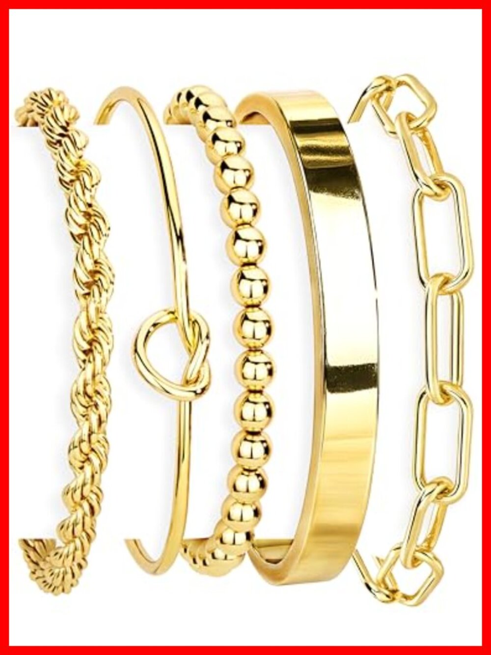 14K Gold Plated Stainless Steel Bracelet Set Non Tarnish Stackable Cuff